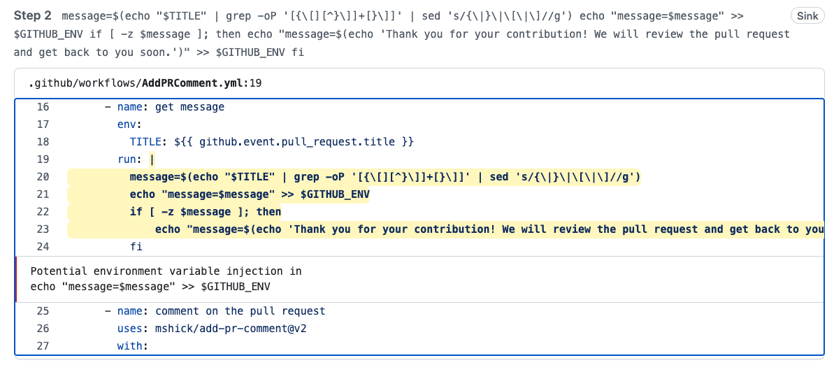 Code snippet showing how untrusted data, such as a pull request&rsquo;s title, is assigned to the TITLE environment variable