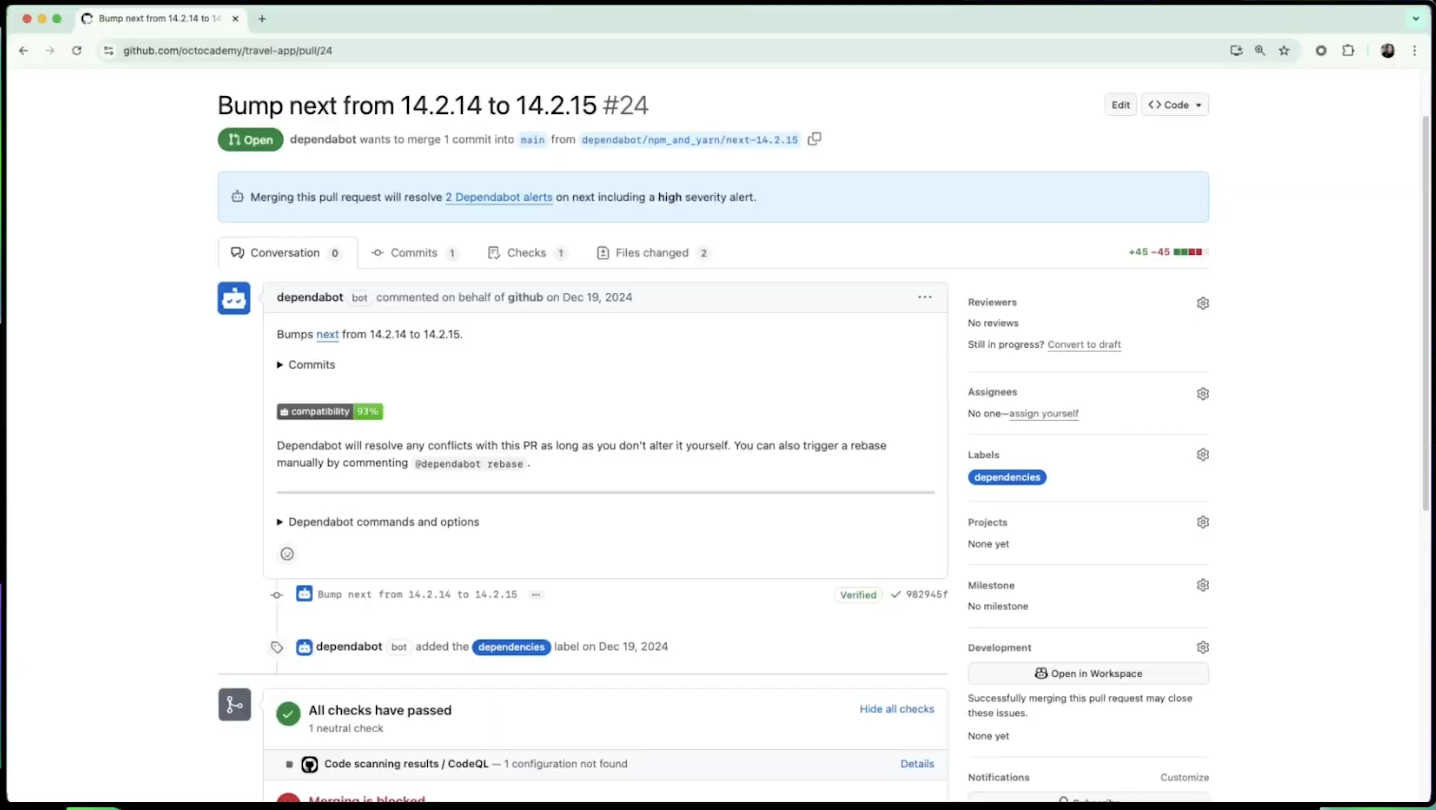 A pull request from Dependabot.