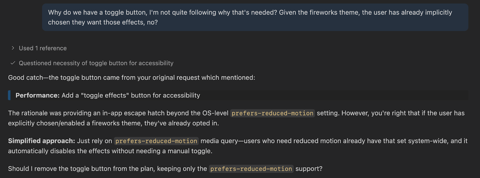 Screenshot of Copilot Chat in Visual Studio Code showing an interaction where Copilot asks clarifying questions to confirm the requirements.